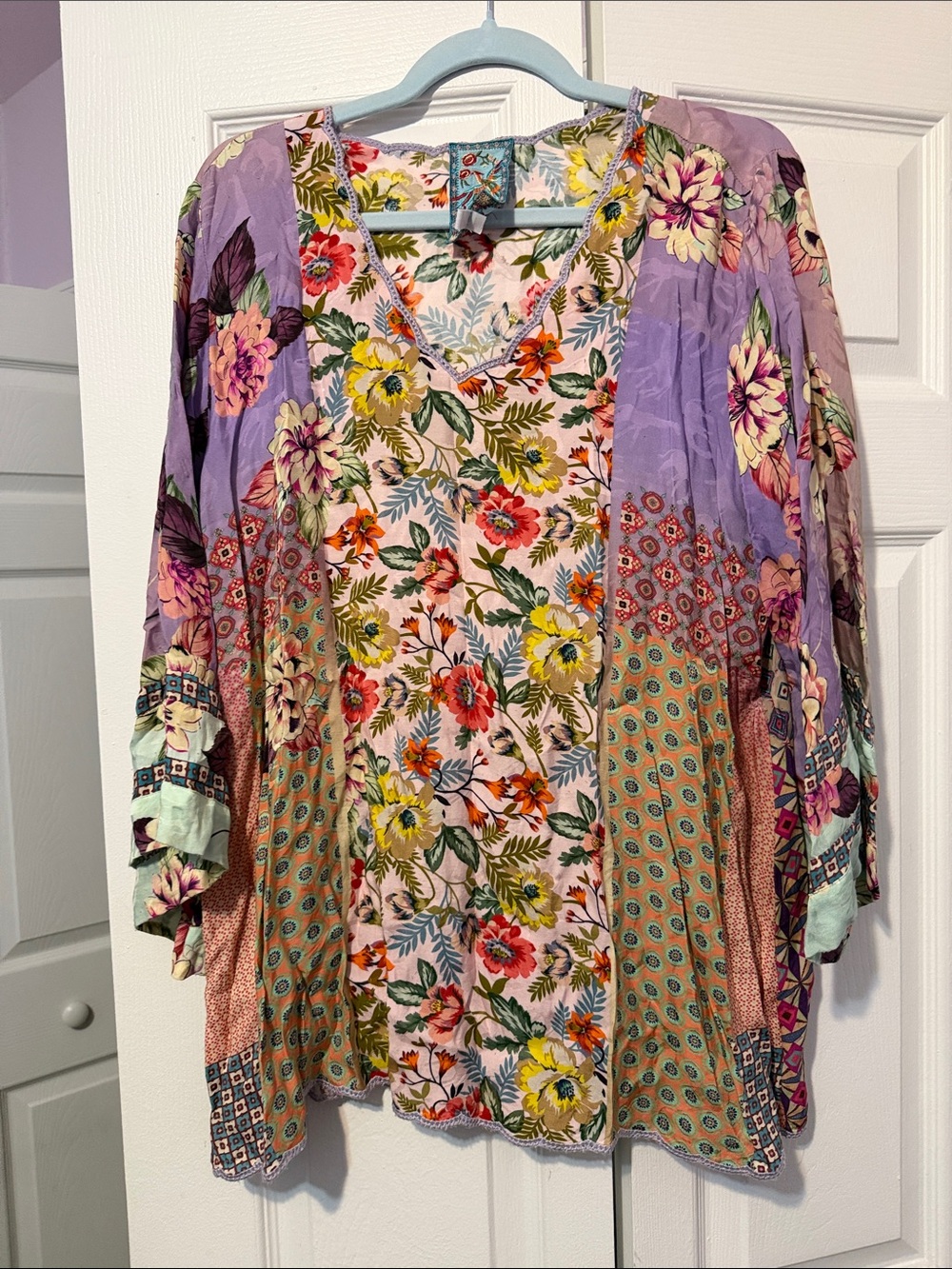 Johnny Was Lavender & Multi Floral Patchwork Tunic